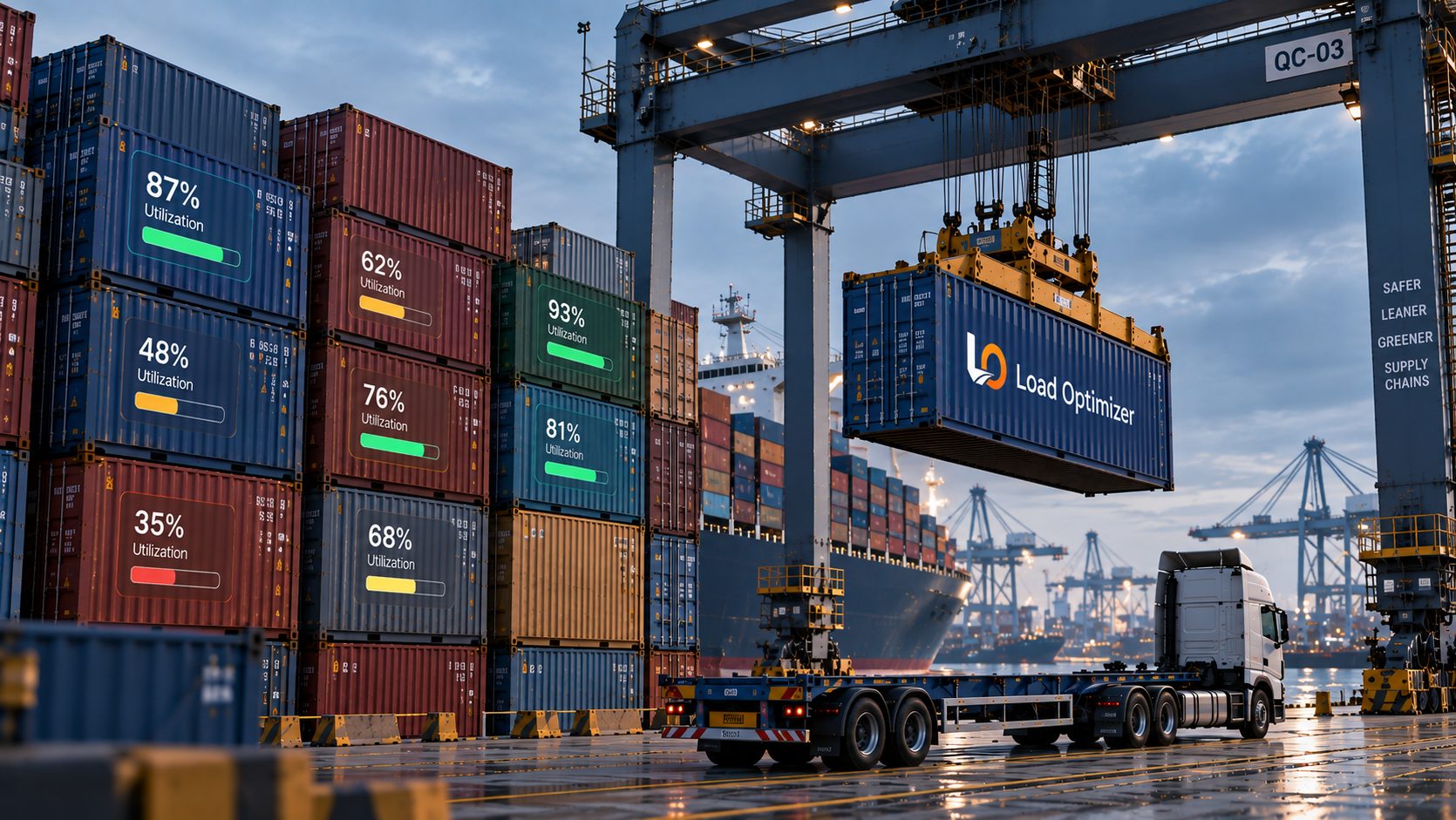 A Load Optimizer container being lifted by a quay crane onto a waiting semi-trailer at a container terminal, with utilisation figures shown on the stacked containers behind.