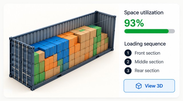 A 3D loading plan inside a container with space utilization and the loading sequence