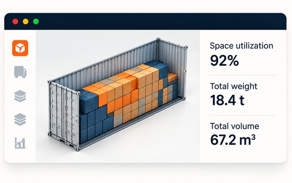 The Load Optimizer 3D loading view running in a browser window.