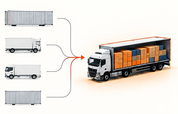 Several containers and trucks feeding into one optimally loaded truck.