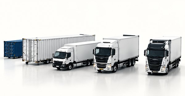 A lineup of shipping containers and trucks of different sizes.